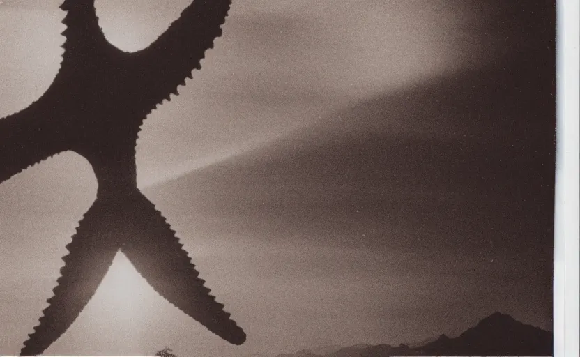 Prompt: analog polaroid of a kaiju-eiga, giant monster with starfish arms, seen from afar, sun and shadow over a city, lens flare, film grain, azure tones, monochrome and color bleed
