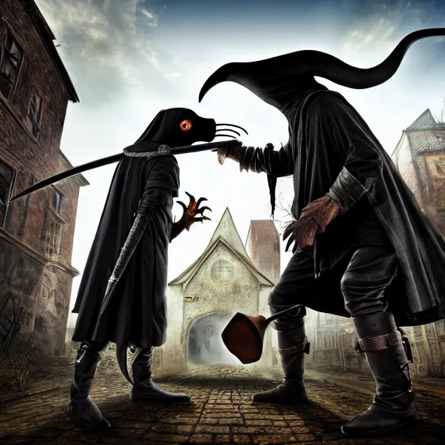 Prompt: plague doctor warrior confronting a giant plague rat, highly detailed, 8 k, hdr, smooth, sharp focus, high resolution, award - winning photo