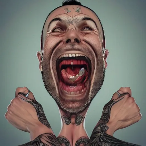 Image similar to tatted man laugh on camera. matte, facial features, symmetrical anatomy, hyperdetailed, digital art, baroque, pop punk art style, fantasy, full body pictures, without duplication, art by artgerm and ilya kuvshinov and vinicius gud and gustavo zambelli, intricate, octane render.