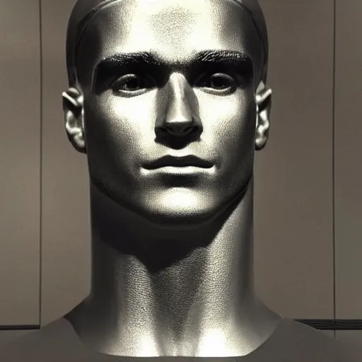 Image similar to “ a realistic detailed photo of a guy who is an attractive humanoid who is half robot and half humanoid, who is a male android, soccer player antoine griezmann, shiny skin, posing like a statue, blank stare, at the museum, on display ”