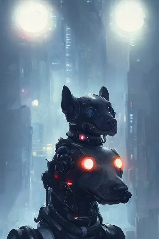 Image similar to A a very cute cyberpunk dog character, metal parts, glowing eyes, profile picture by Greg Rutkowski, Matte Painting, trending on the artstation