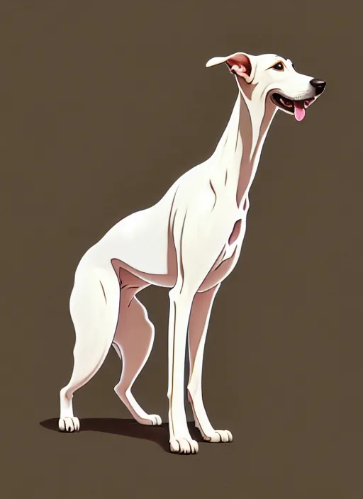 Image similar to cute white brown greyhound with a brown ear, natural lighting, path traced, highly detailed, high quality, digital painting, by don bluth and ross tran and studio ghibli and alphonse mucha, artgerm