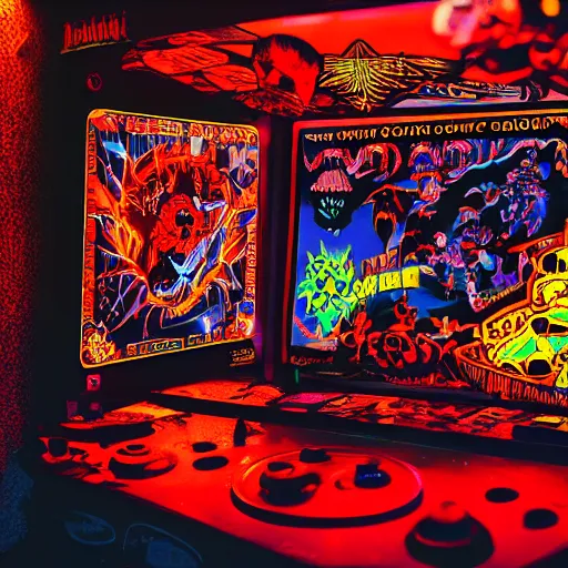 Prompt: video game arcade cabinet, glowing screen, close-up, catacombs, mist, illuminated, 80s, Derek Riggs, Dan Mumford, Wayne Barlow, and Stan and Jan Berenstain, deep color, looming, radiating, fluffy, intricate matte painting, trending on DeviantArt