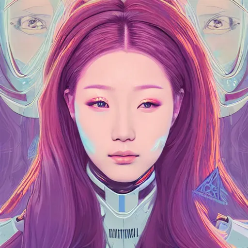 Image similar to portrait painting of a cyborg kim lip from loona, sharp focus, award - winning, trending on artstation, masterpiece, highly detailed, intricate. art by josan gonzales and moebius and deathburger