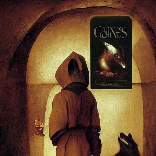 Prompt: young man in orange t - shirt hides his face behind box of guinness beer, two wolves on either of his sides by hieronymus bosch, greg rutkowski, anna podedworna