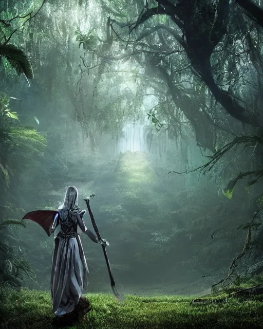 Image similar to a strong knight walking towards an ominous goddess in a densely overgrown, eerie jungle, fantasy, stopped in time, dreamlike light incidence, ultra realistic