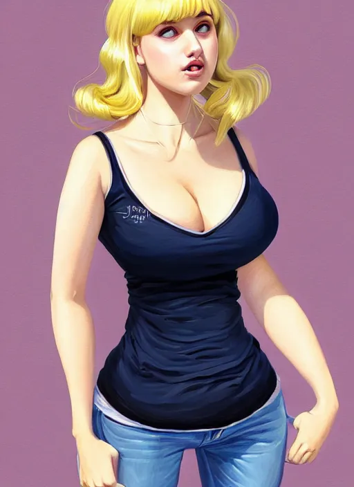 Image similar to full body teenage betty cooper, blonde hair, obese, bangs, ponytail, sultry, realistic, sultry smirk, ponytail, fluffy bangs, curly bangs, fat, belly, beautiful girl, intricate, elegant, highly detailed, digital painting, artstation, concept art, smooth, sharp focus, illustration, art by wlop, mars ravelo and greg rutkowski