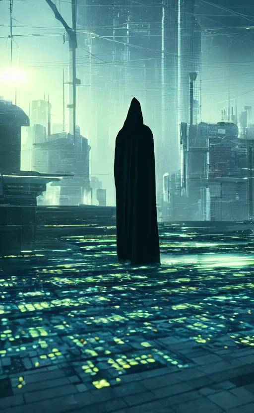 Image similar to a singular cloaked figure standing in the foreground of a cyberpunk landscape, synth, puddles, sunrise