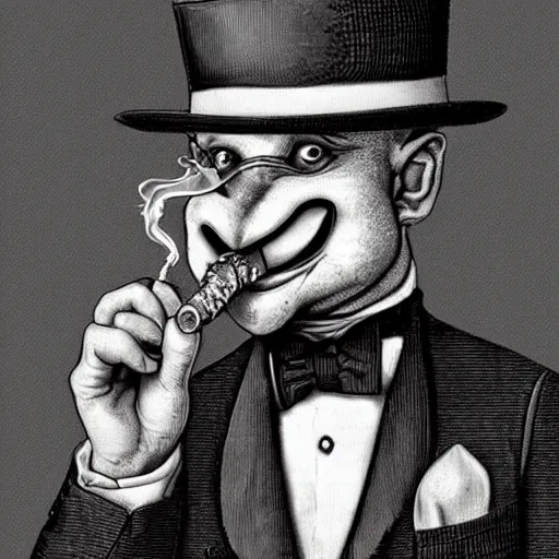 Image similar to Photo of a gecko in a top hat smoking a cigar, holding a martini