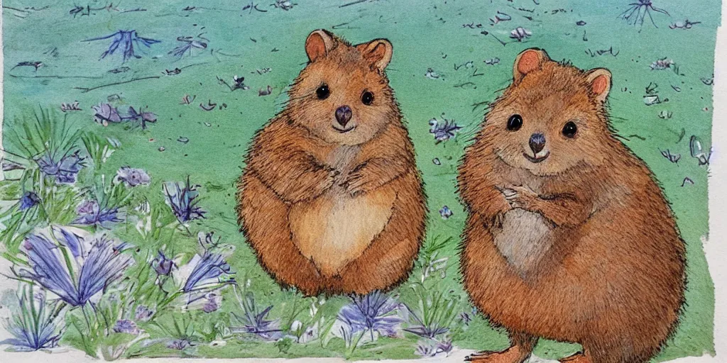 Prompt: detailed illustration, “A happy quokka on Rotttnest Island in the style of May Gibbs”,