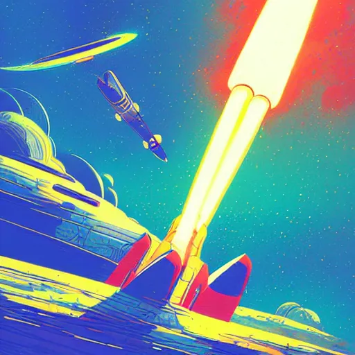 Prompt: A rocketship about to land on an unfamiliar planet, super cool rocket, Acrylic Paint, Concept Art, Digital Art, 16-bit RGB, Global Illumination, by Kilian Eng, by Yoshitaka Amano