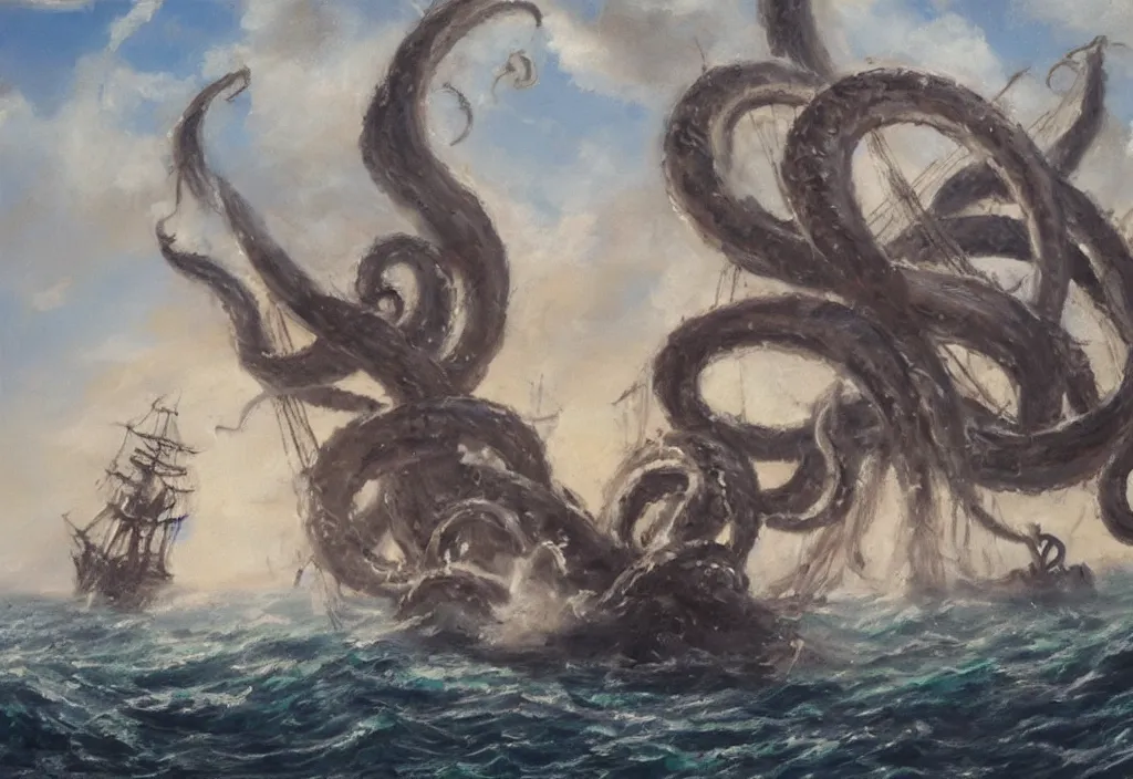 Image similar to oil painting of a kraken attacking a pirate ship