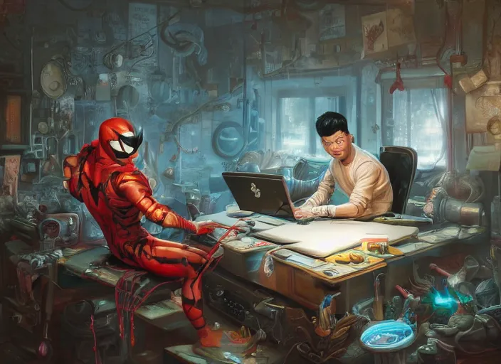 Image similar to an insanely detailed painting of an asian man wearing a homemade superhero costume, sitting at a desk, staring seriously at the computer and typing, in the style of peter mohrbacher, james jean, artgerm, dramatic lighting and composition, surreal background, octane render, pixar, trending on artstation, concept art, comic book, view from behind, 8 k