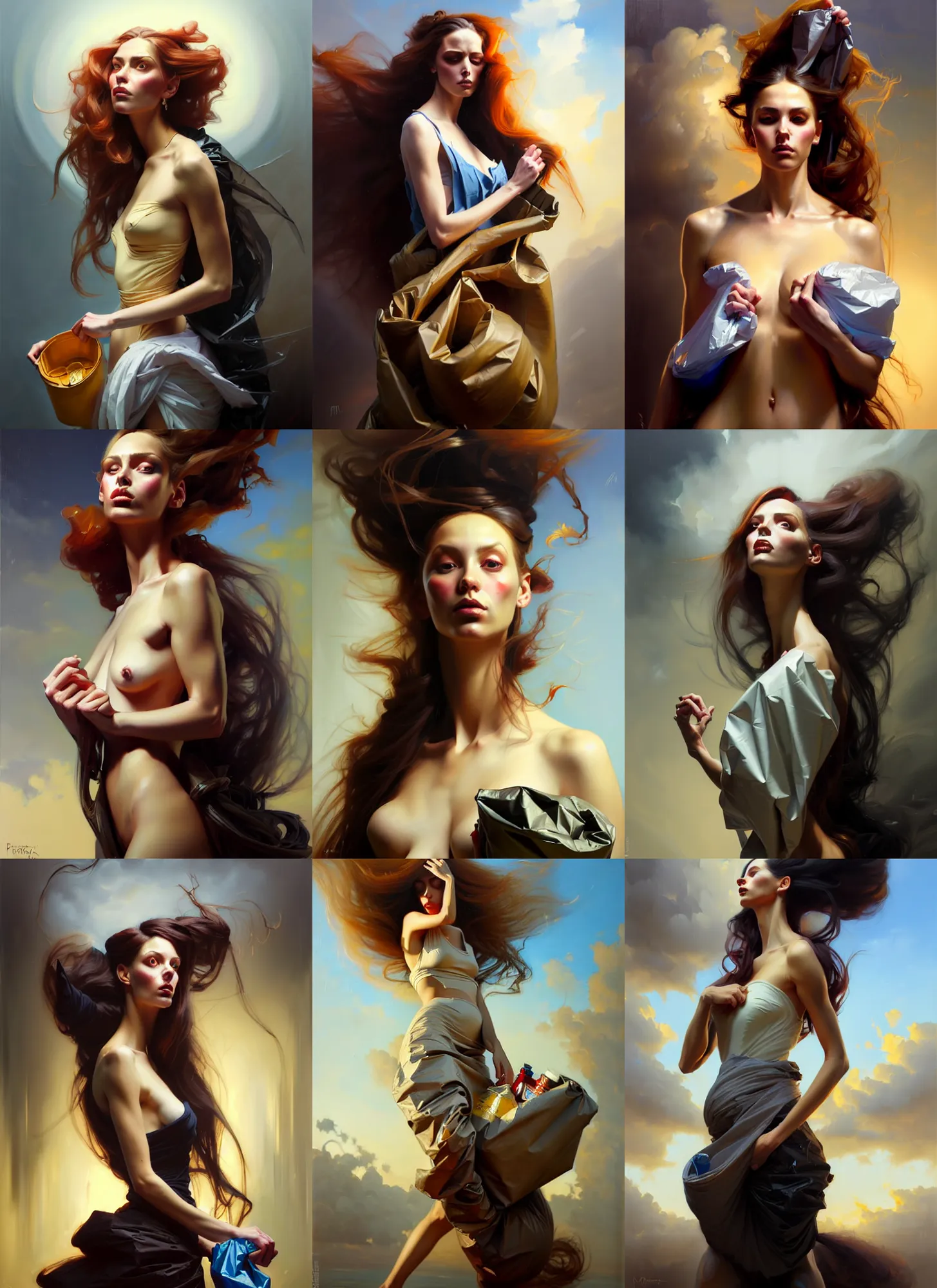 Image similar to fine art portrait oil painting of a beautiful woman with long hair wearing a garbage bag for clothes, perspective, ultra detailed, elegant, intricate, dynamic lighting, hyperrealism, sharp focus, art by peter mohrbacher and greg manchess and andrei riabovitchev