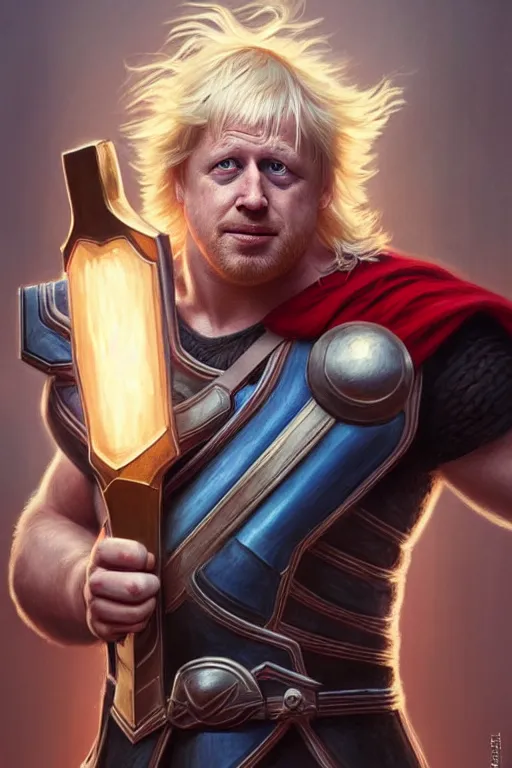 Image similar to Boris Johnson as Thor with Hammer, Thor armor, Thor hammer, masculine bodybuilder figure, highly detailed, digital painting, artstation, concept art, smooth, sharp focus, illustration, cinematic lighting, art by artgerm and greg rutkowski and alphonse mucha