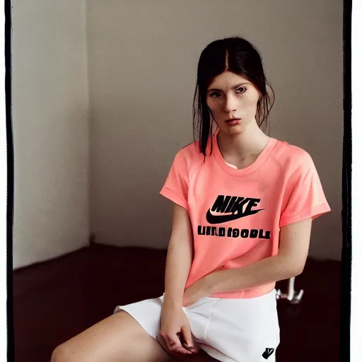 Image similar to realistic! photoshoot for a new nike lookbook, color film photography, portrait of a beautiful model, photo in style of wes anderson, 35mm