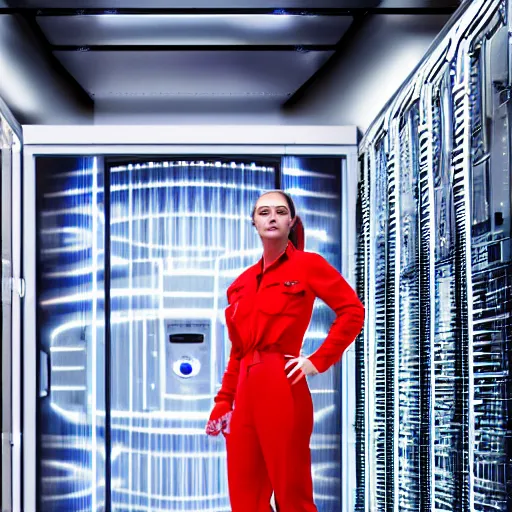 Image similar to beautiful russian woman wearing a chrome jumpsuit standing in front of a futuristic supercomputer, 4 k, studio lighting