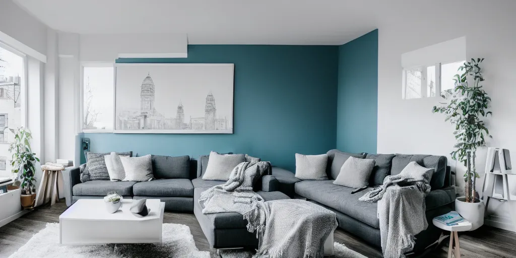 Prompt: insanely detailed wide angle architecture photography, serene small apartment, cozy contemporary living room, wood, grey, slate, white, teal, stone