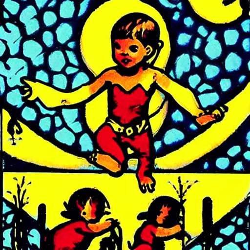 Prompt: dancing baby GIF in Rider-Waite tarot deck, style of Pamela “Pixie” Colman-Smith-n 9