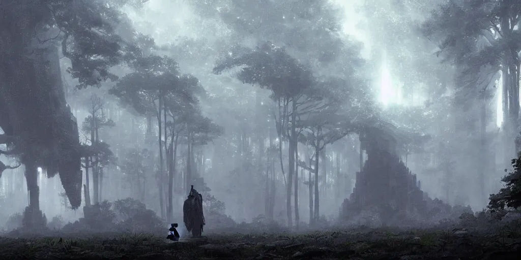 Image similar to An colossus towers above a forest canopy, stormy sky, lightning, digital art by Greg Rutkowski and Studio Ghibli, Shadow of the Colossus