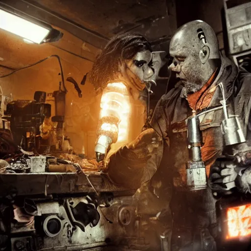 Image similar to half rusted old egg beater half stun - gun, balding older cyborg repairing, red hot soldering iron, dark messy smoke - filled cluttered workshop, dark, dramatic lighting, orange tint, cinematic, highly detailed, sci - fi, futuristic, movie still from blade runner