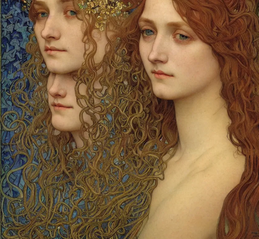 Image similar to detailed realistic beautiful young medieval queen face portrait by jean delville, alphonse mucha, vincent van gogh, and marco mazzoni, art nouveau, symbolist, visionary, gothic, pre - raphaelite