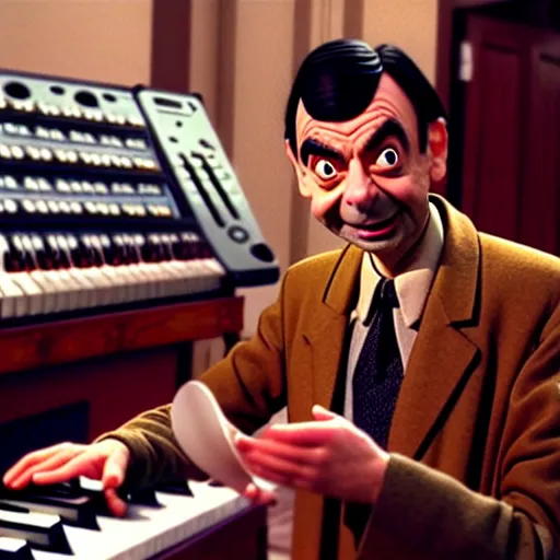 Image similar to mr. bean playing a synthesizer. movie still. cinematic lighting.