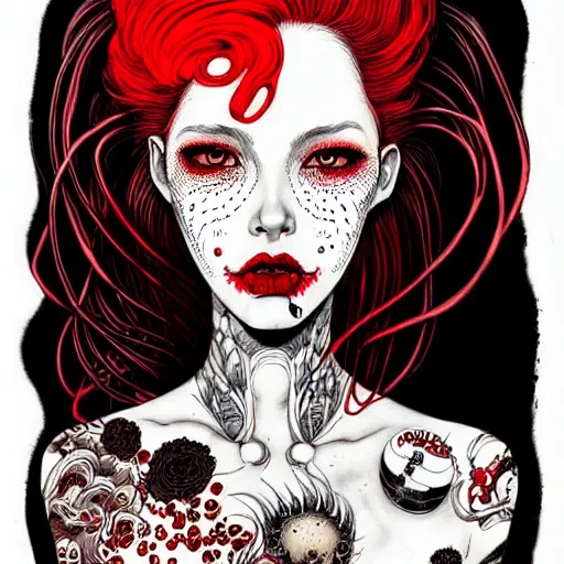 Image similar to highly detailed portrait of a biopunk lady, black take top, red hair by joe fenton and by kaethe butcher, gradient red, brown, blonde cream and white color scheme, grunge aesthetic!!! ( ( graffiti tag wall background ) )