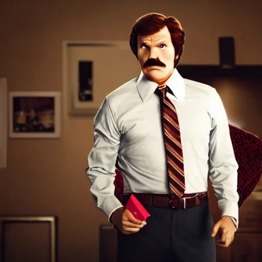 Image similar to an award winning cinematic still of Ron Burgundy, 16k hyper realistic photograph, centered, dramatic lighting