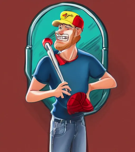 Prompt: tall white guy with a short blonde beard wearing an nc state red baseball cap and red shirt full color digital illustration in the style of don bluth, artgerm, artstation trending, 4 k