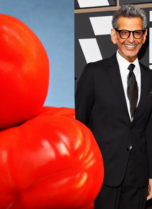 Image similar to jeff goldblum dressed up in a tomato costume