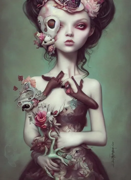 Image similar to pop surrealism, lowbrow art, realistic cute dress fashion painting, japanese street fashion, hyper realism, muted colours, rococo, natalie shau, loreta lux, tom bagshaw, mark ryden, trevor brown style,