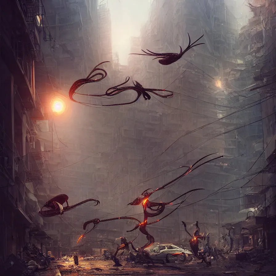 Prompt: the battle between the myna bird and the scolopendra, on the streets of the white city in tel aviv, apocalyptic setting, bokeh, cinematic lighting, sharp focus, character art, illustration, digital art painting, trending on artstation, by masamune shirow, by greg rutkowski