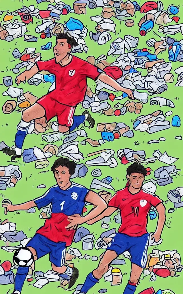Prompt: poorly drawn soccer player surrounded by trash