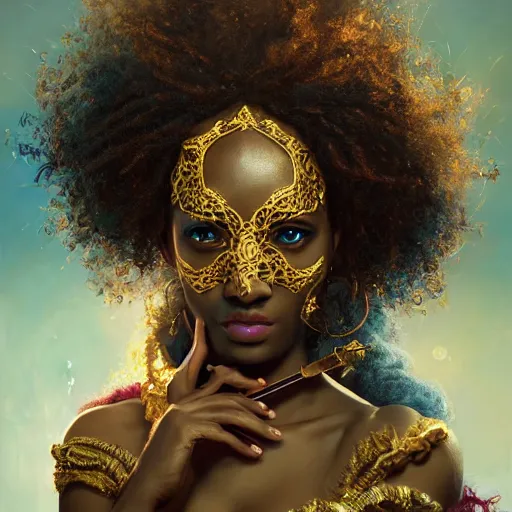 Image similar to the portrait, masked beautiful swahili female violinist, exotic costumes, gold jewelry, black curly afro hair, ultra realistic, illustration by wenjun lin, irakli nadar, bright colors, octopath traveler, wenjun lin, unreal engine 5 highly rendered, global illumination, radiant light, detailed and intricate environment