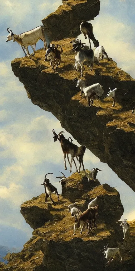 Image similar to a pack of goats climbing a citadel in the sky, beautiful, highly detailed