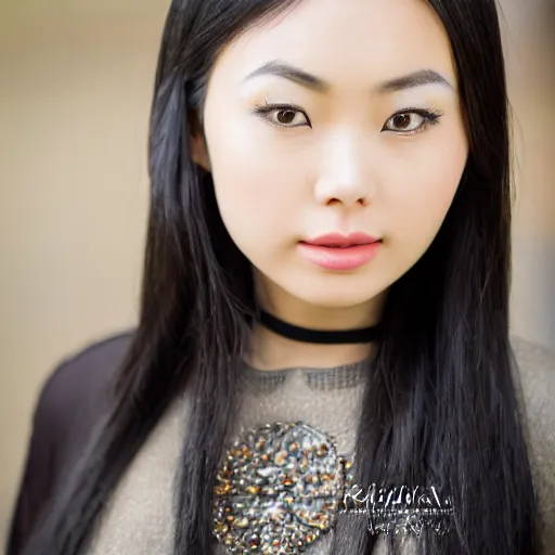 Prompt: Photo portrait of a young Asian woman, black hair, beautiful eyes, detailed eyes , EOS-1D, f/1.4, ISO 200, 1/160s, 8K, RAW, unedited, symmetrical balance, in-frame