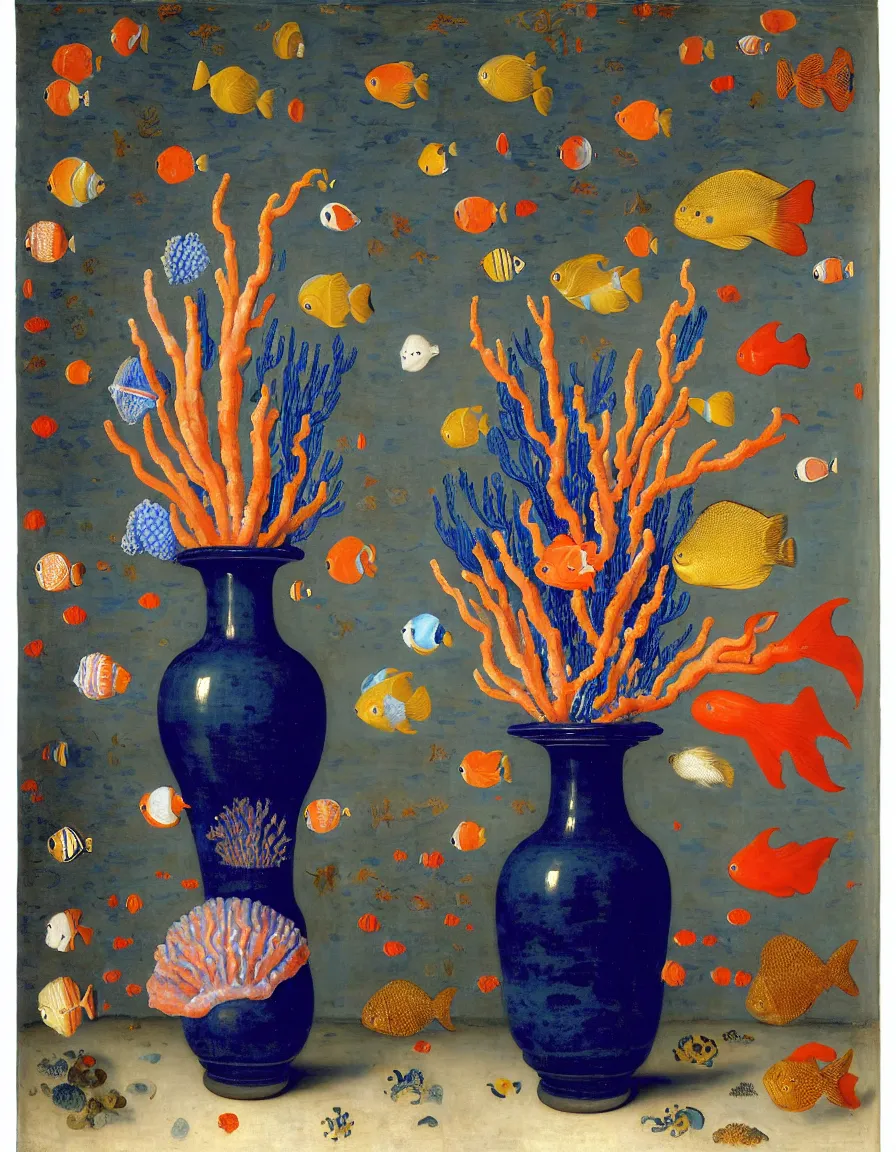 Image similar to bottle vase of coral under the sea decorated with a dense field of stylized scrolls that have opaque outlines enclosing mottled blue washes, with blue cobalt shells and yellow fishes, Ambrosius Bosschaert the Elder, oil on canvas, around the edges there are no objects