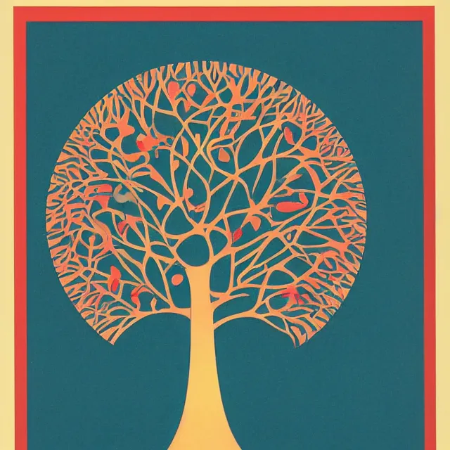 Image similar to the tree of life in a minimalist collage of geometric shapes, tetrachromacy, primary colors, in the style of ikko tanaka, japanese graphic design, 1 9 8 0, by ernst haeckel