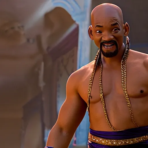 Image similar to will smith as the genie from alladin with a pistol, photo realistic, 8 k, detailed, will smith, alladin