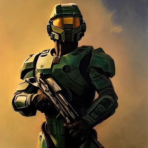 Image similar to ultra realistic portrait painting of zion williams as master chief, art by frank frazetta, 4 k, ultra realistic, highly detailed, epic lighting