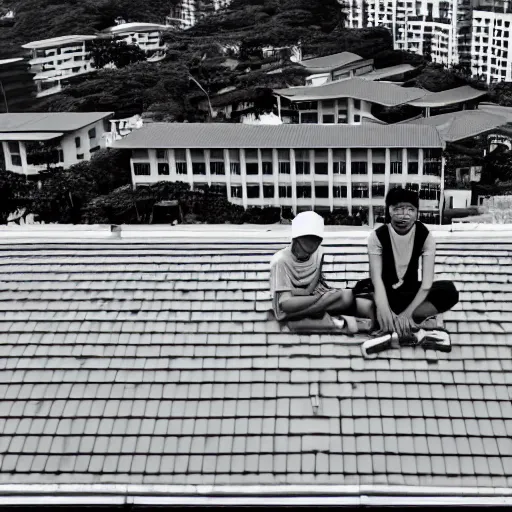 Image similar to photo of two singaporean students sitting on the roof of a hdb flat, black and white, award winning, composition