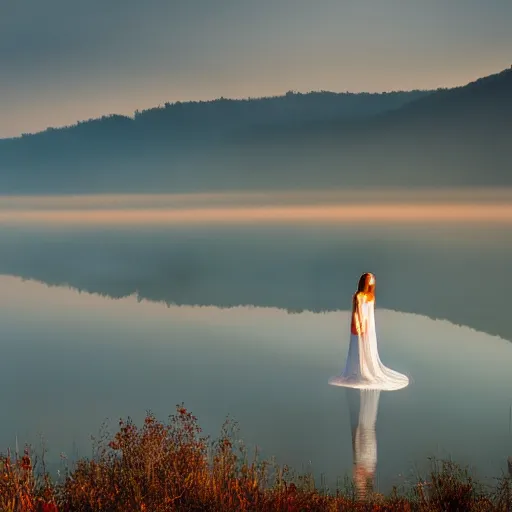 Image similar to a ghostly woman in a white dress rising from a quiet misty lake, high resolution photograph, autumn, sunset, eerie light