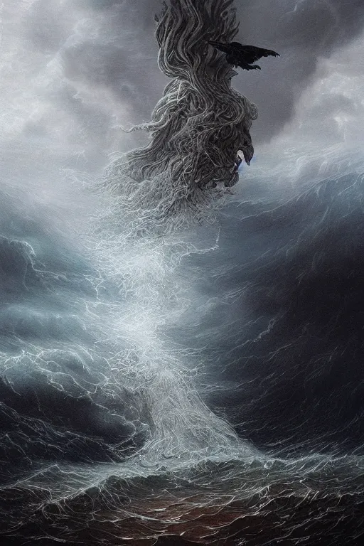 Image similar to Intricate stunning highly detailed water deity emerging from a stormy ocean by agostino arrivabene, Greg Rutkowski , surreal, digital painting, ultra realistic, Horror vacui, beautiful lighting, full moon, ravens, thick black swirling smoke tornado, burning fire embers, artstation