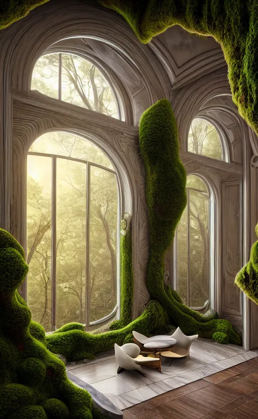 Image similar to highly detailed villa natural beautiful light interior soft cinematic composition of a smooth ceramic porcelain biomorphic magnolia stone nebula fluid sci - fi surreal colorful architecture landscape, furniture, granite, trees, marble, moss, lichen, fungi, vincent callebaut composition, mamou - mani, archviz, 8 k, unreal engine, hdr