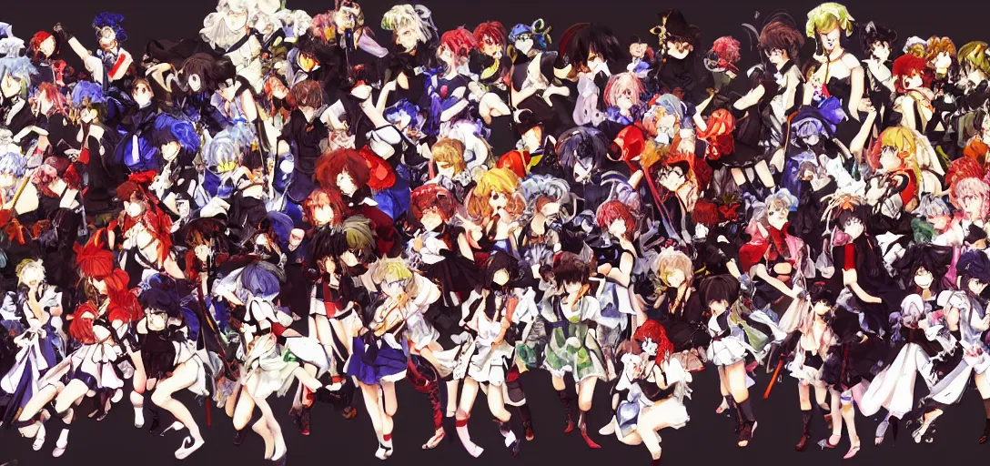 Prompt: all touhou characters in one image by Yoji Shinkawa, heavy outlines, bright and contrasting colors, 4k, wallpaper, pixiv