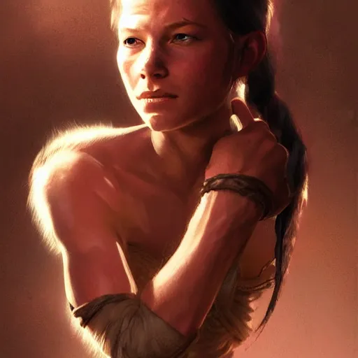 Image similar to young evangeline lilly as slave, digital illustration, by artgerm and greg rutkowski,