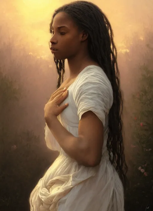 Image similar to oil painting close up portrait of a contemplative young black woman with long dark flowing hair in a dress made of white roses!! at sunset, hazy, digital art, chiaroscuro, artstation, cinematic, golden hour, digital art painting by greg rutkowski, william - adolphe bouguereau, hazy atmosphere, cinematic lighting