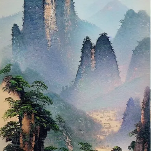 Prompt: “A Chinese watercolor of Zhangjiajie by Thomas Kinkade.”