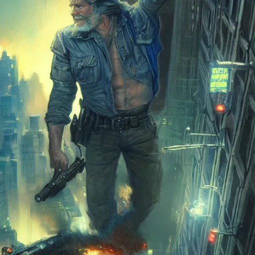 Image similar to escape from new york, movie poster, kurt russel, intricate, detailed, volumetric lighting, scenery, digital painting, highly detailed, artstation, sharp focus, illustration, artstation, art by artgerm and greg rutkowski and alphonse mucha